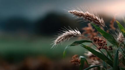 Obraz premium Wheat Stalks and Greenery Against Soft Background, Symbolizing Agricultural Sustainability and Organic Farming Practices : Generative AI