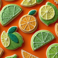 Vibrant citrus-slice sugar cookies arranged on an orange background; detailed icing; green leaves