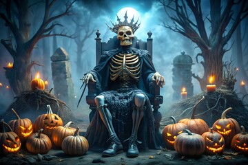 Fototapeta premium Evil Pumpkin with Glowing Red Eyes in a Graveyard