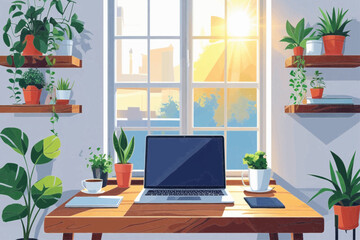 Fototapeta premium A contemporary home office space with modern decor, indoor plants, and natural sunlight streaming through the window. A minimal and clean workspace setup with a digital device on a desk, designed for 