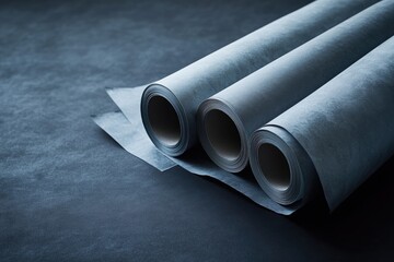 Fototapeta premium Three rolls of grayish-blue paper or fabric, stacked on a dark surface