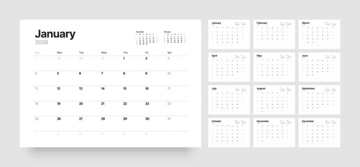 Monthly calendar layout for 2026 year. Diary planner for 2026 year. Week Starts on Sunday. 