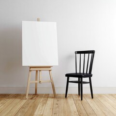 Blank canvas on easel beside simple black chair against white wall, light wood floor