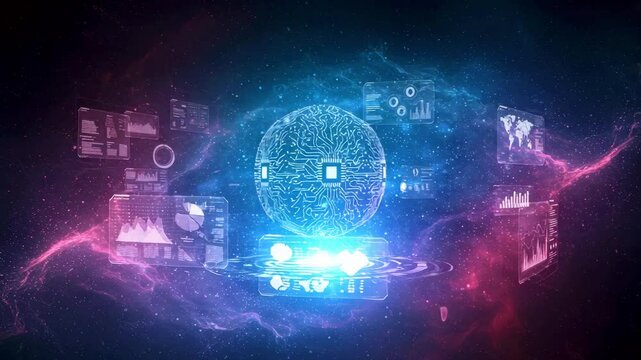 Futuristic digital globe surrounded by data visualizations and cosmic elements in a vibrant space