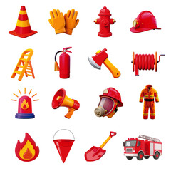 Firefighter tools - cone, gloves, hydrant, helmet, ladder, fire extinguisher, axe, hose, fire alarm, megaphone, gas mask, fire suit, fire, bucket, shovel, fire truck - vector watercolor illustrations.
