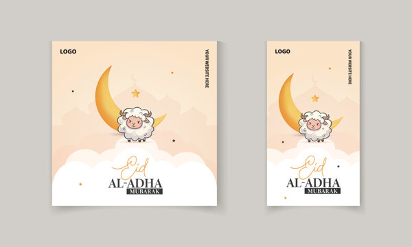 Eid Al Adha mubarak social media post, greeting card design with cute sheep, moon, stars Vector