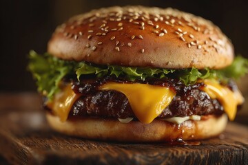 Gourmet Cheeseburger Macro — Juicy Beef, Melted Cheddar, Fresh Ingredients, Ultra-Realistic Food Photo