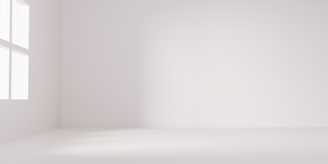 Obraz premium Minimal white mockup room with natural sunlight through window, empty modern interior for 3D rendering, showroom design, real estate presentation, or home decor background.