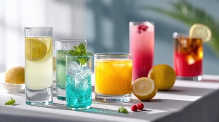 Fototapeta premium Colorful Summer Cocktails on Tabletop, Representing Refreshment and Relaxation for Hospitality and Vacation Advertising, Perfect for Beverage Promotion : Generative AI