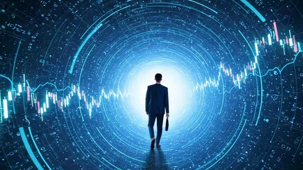 Businessman walking towards a glowing digital tunnel with data graphs, symbolizing future technology