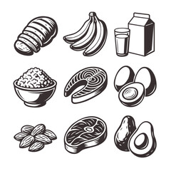 Assortment of Healthy Food Items Bread Bananas Milk Rice Salmon