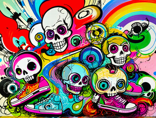 Naklejka premium Funky hip-hop urban graffiti art featuring playful, vibrant skulls in bold acid colors. A psychedelic and humorous twist — perfect for streetwear graphics, digital covers, and bold creative design.
