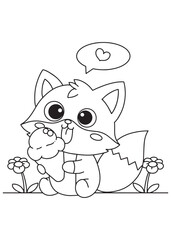 Coloring book  fox enjoying an ice cream cone with a heart bubble