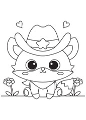 Coloring book fox in a cowboy hat and bandana, surrounded by hearts and flowers