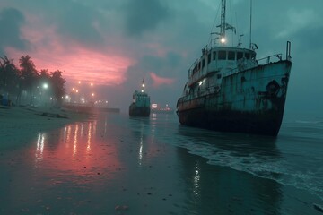 A Mysterious Dockside Scene with Abandoned Ships Reflecting on the Water at Dusk