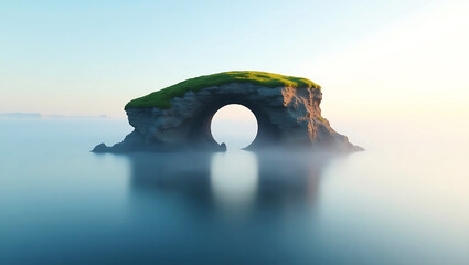 Majestic Sea Arch at Sunrise: Serene Landscape with Misty Reflections and Natural Beauty