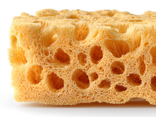 Extreme close-up macro shot of a yellow porous cleaning sponge showing its detailed texture and structure, isolated on a white background.