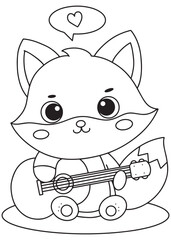 Coloring book fox playing the guitar with a heart bubble