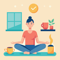 Yoga with coffee morning ritual scene vector illustration