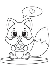 Coloring book  fox with big eyes and a cheerful expression eating pizza