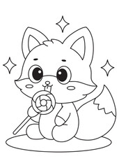 Coloring book fox with closed eyes dreams sweetly, surrounded by twinkling stars