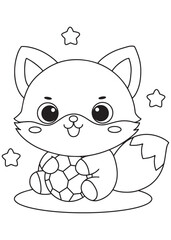 Coloring book fox with big eyes sits holding a patterned ball