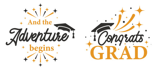 Congratulations! greeting sign for graduation party in university, school, academy. Handwritten brush lettering with academic cap. Vector design for congratulation ceremony, invitation card, banner