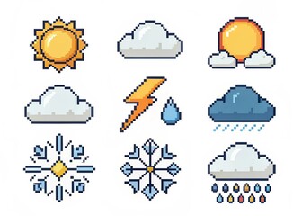 Pixel Art Weather Icons Set – 8-bit Forecast Symbols on White Background