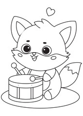 Coloring book fox with a happy smile beats a drum, spreading music and cheer 