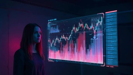 Young woman analyzing digital financial data on a futuristic screen in a dark, stylish room - Powered by Adobe