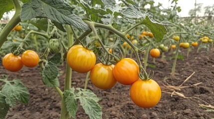 A vibrant cluster of ripe golden tomatoes glowing on the vine in the garden fresh from the earth with soft