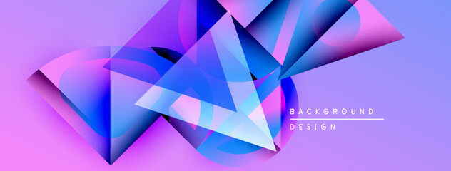Abstract geometric shapes overlap, creating dynamic visual effect. Purple, blue hues dominate composition. Modern design element.
