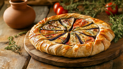 Rustic styling for eggplant, tomato, and mozzarella pizza in a flaky crust, served on round wooden board.