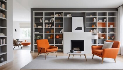 Modern Living Room with Built-in Bookshelves and Orange Armchairs