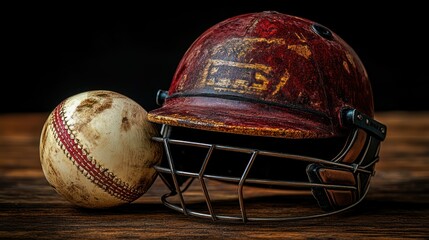 Vintage cricket helmet and ball on wooden table