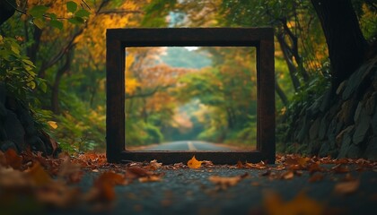 Autumn Forest Road Framed by an Empty Picture Frame on the Ground