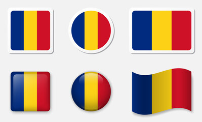 Fototapeta premium Flag of Romania icons collection. Flat stickers and 3d glass vector elements on white background.