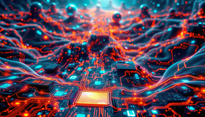Glowing electronic circuit board with bright orange and blue lights in futuristic style