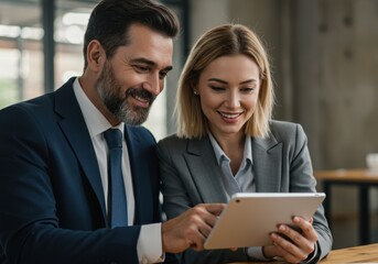 Fototapeta premium Business man and woman working together on a tablet in the office