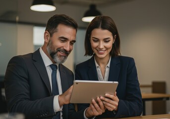 Business man and woman looking at tablet in the office together