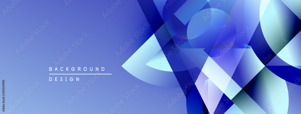 Poster abstract geometric shapes overlap, creating vibrant blue gradients. modern design elements suggest t