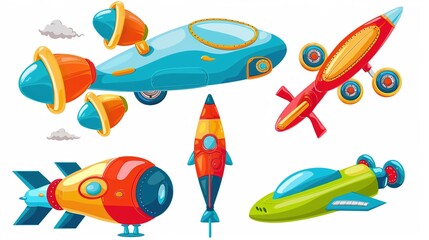 Children's toy illustration with transparent background，set of cartoon rocket