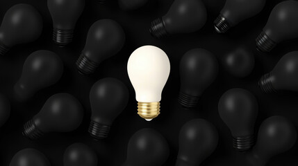 Contrast uniqueness standing out, Symbol of Concept Variety and difference. A single white light bulb stands out among many black bulbs on a dark background.