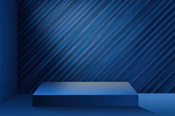Obraz premium A minimalist blue platform sits on a dark blue, diagonally-striped backdrop, illuminated by a subtle light source