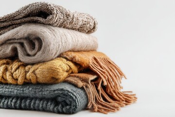 Stack of cozy knitted sweaters and throws