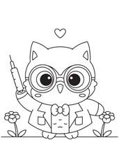 Coloring book  owl with glasses and a bow tie, holding a syringe