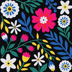 Vibrant floral seamless pattern with colorful blooms and leaves on a dark background.