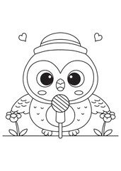 Coloring book owl wearing a cute hat, holding a lollipop, with hearts and flowers.