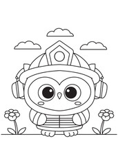 Coloring book owl firefighter wearing a helmet and headphones, standing ready for action between two flowers