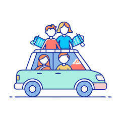 Fototapeta premium Family vacation adventure driving in a teal car with rooftop luggage